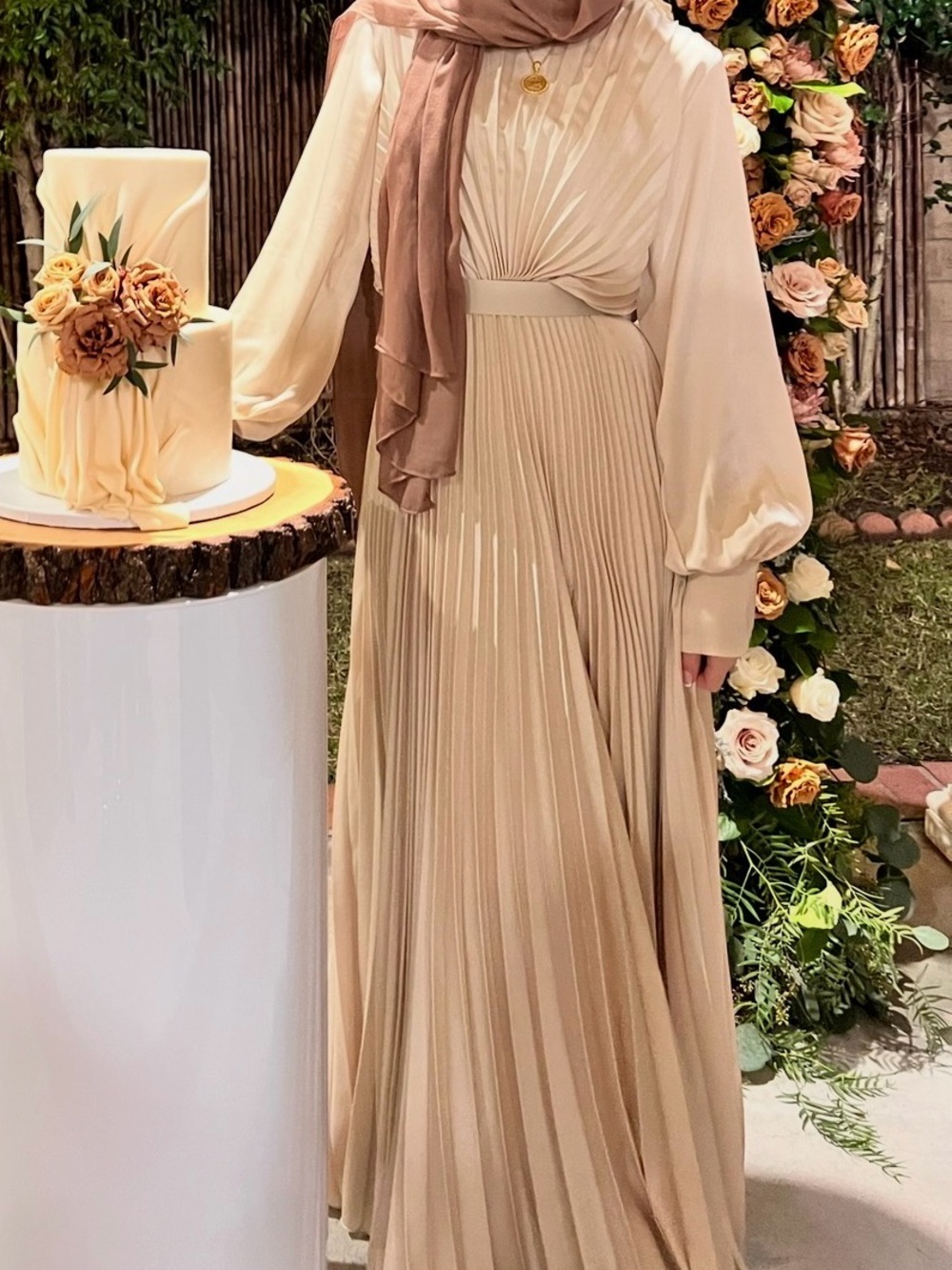 Elegant Cream Pleated Maxi Dress - Modest Long Sleeve Evening Gown